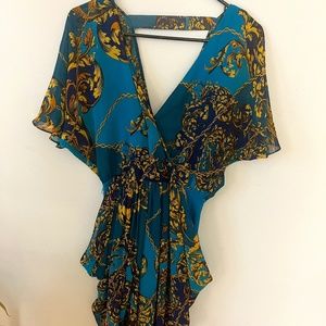 Bebe Teal Gold Patterned Half Sleeve Mini Dress